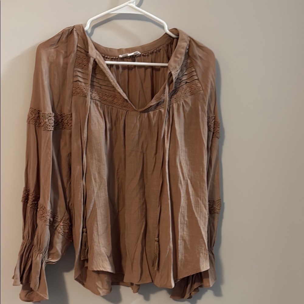 Tan Relaxed Ruched Blouse with Bib Collar